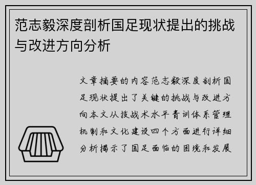 范志毅深度剖析国足现状提出的挑战与改进方向分析