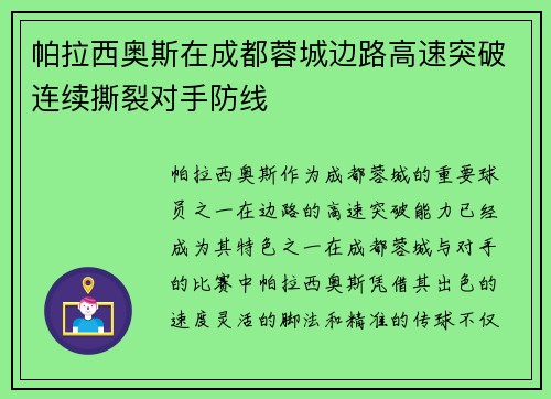 帕拉西奥斯在成都蓉城边路高速突破连续撕裂对手防线